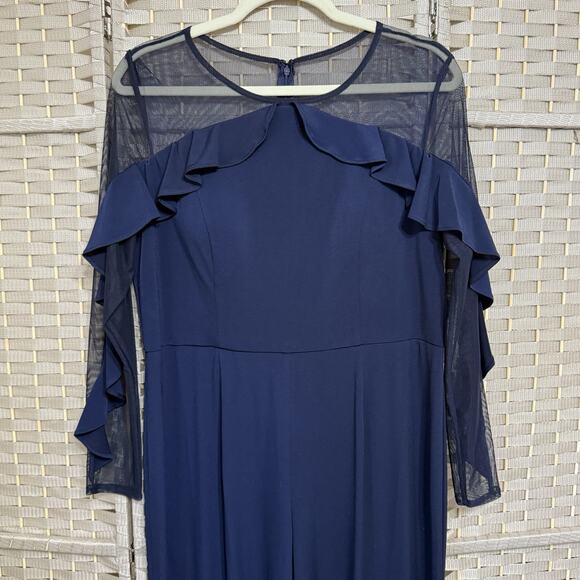 R&M Richards Ruffled Illusion Formal Jumpsuit Size 14P Petite Navy Mesh Sleeve - Picture 4 of 12